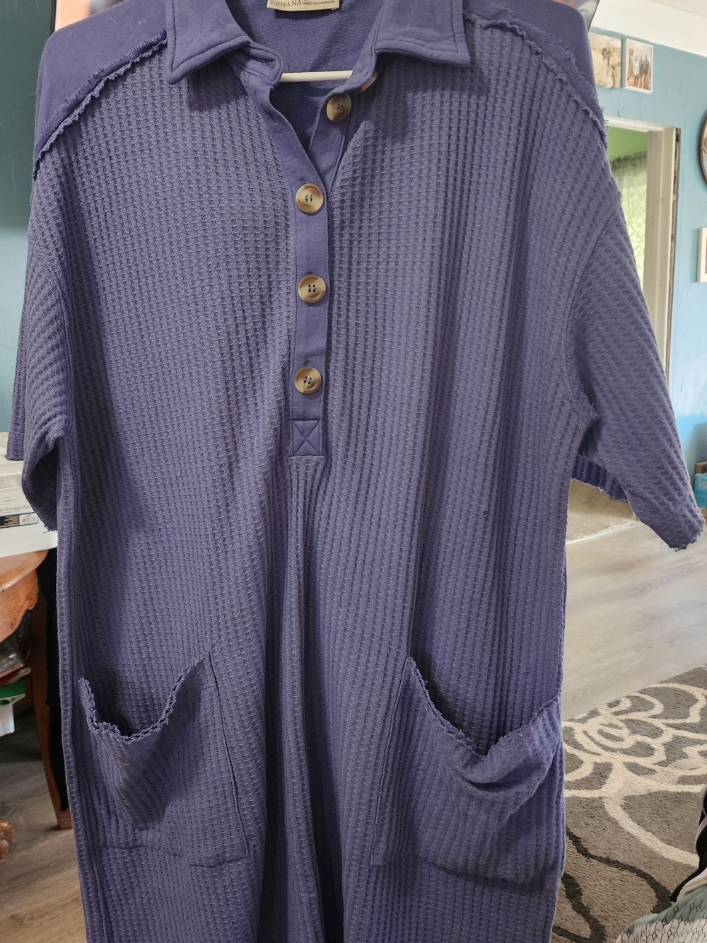 Zenana Outfitters Purple Waffle-Knit Polo Shirt Dress with Pockets Sz Lrg